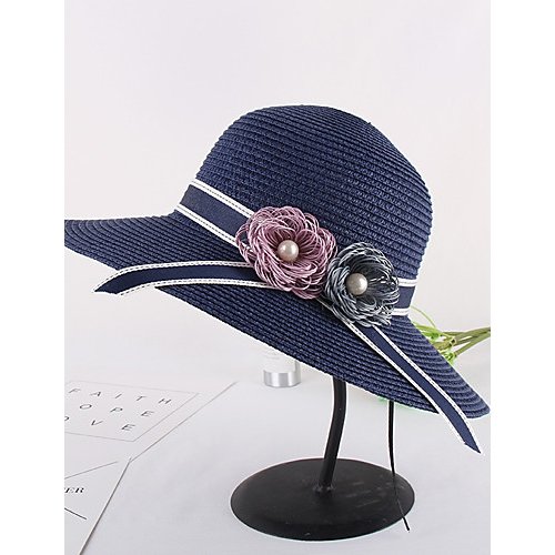 Women Basic Cute Polyester Nylon Straw Hat Sun Hat, Solid Color Striped Flower