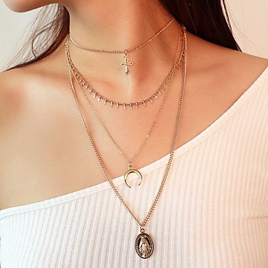 Women layered necklace pendant necklace long necklace wrapped multi-layer cross necklace retro fashion jewelry crescent