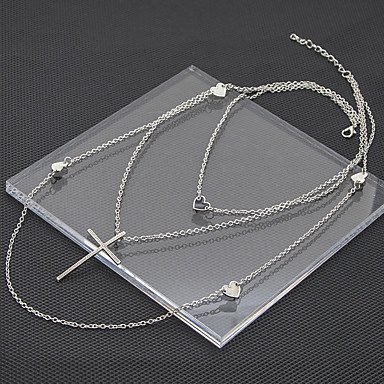 Women long layered necklaces, crosses, hearts, dangling, fashion-hyun silver jewelry necklace 67 + 5 cm