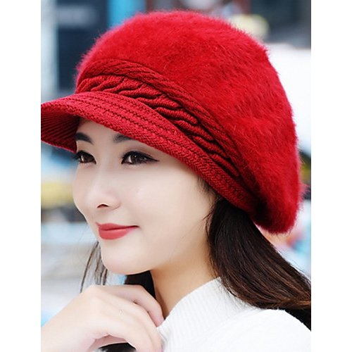 Female retro rabbit fur ball baseball cap, solid color