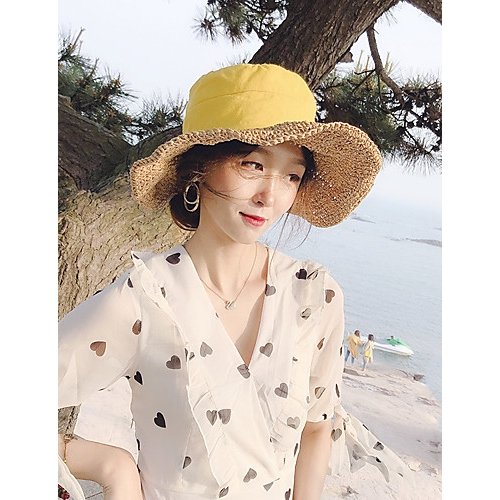 Women basic cute cotton straw hat straw hat sun hat, color block