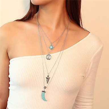 Women tiered turquoise pendant necklace, necklace, long necklace, loose stone moon, multi-layered silver necklace jewelry